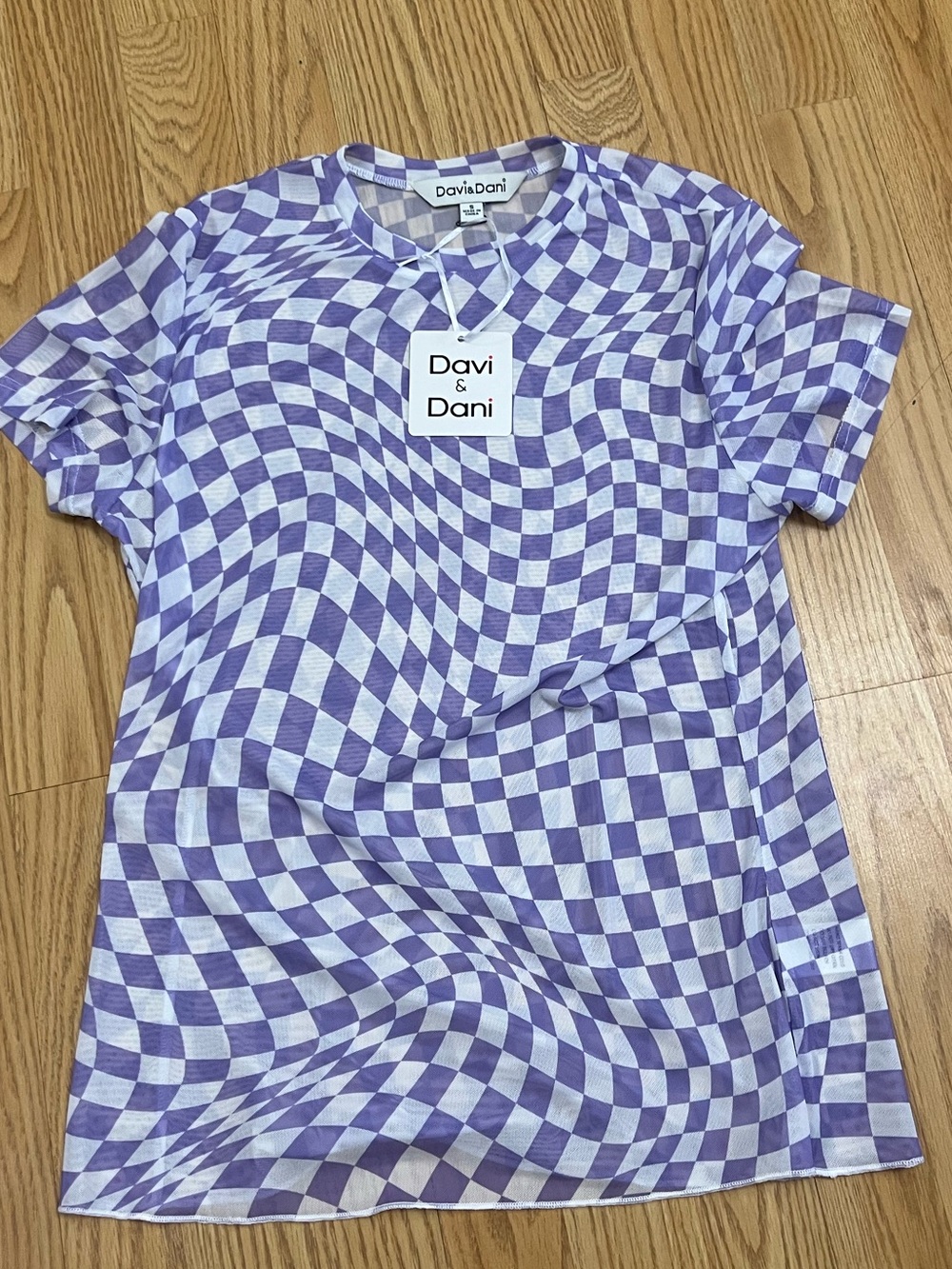 DAVI & DANI Lavender and White Checkerboard Mesh Tee